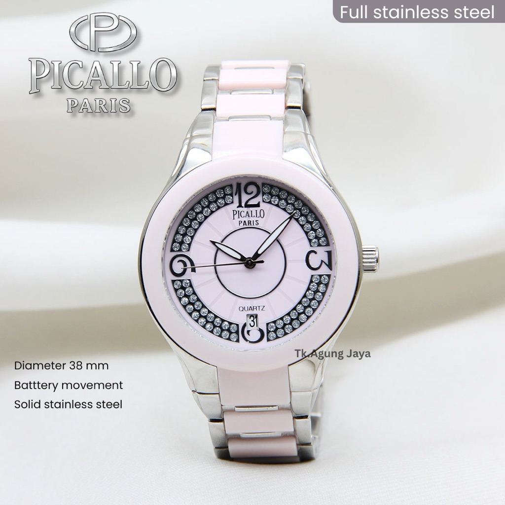 JAM TANGAN KERAMIK WANITA PICALLO PARIS DIAMOND DIAL DATE ON PREMIUM AAA+