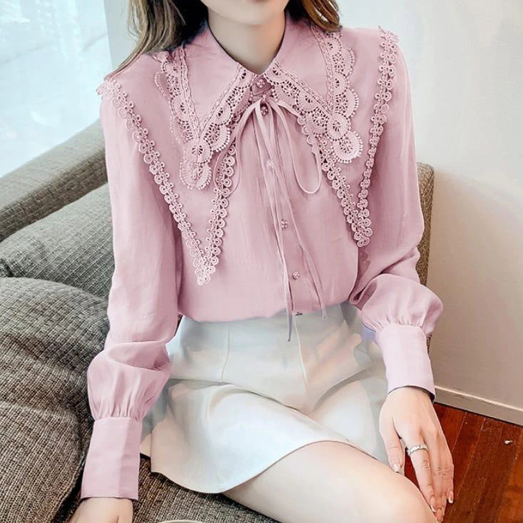 Blouse Wanita Elegant Lace Collar Korean Style Import | Kemeja Cewek Lengan Panjang Premium | Blus R