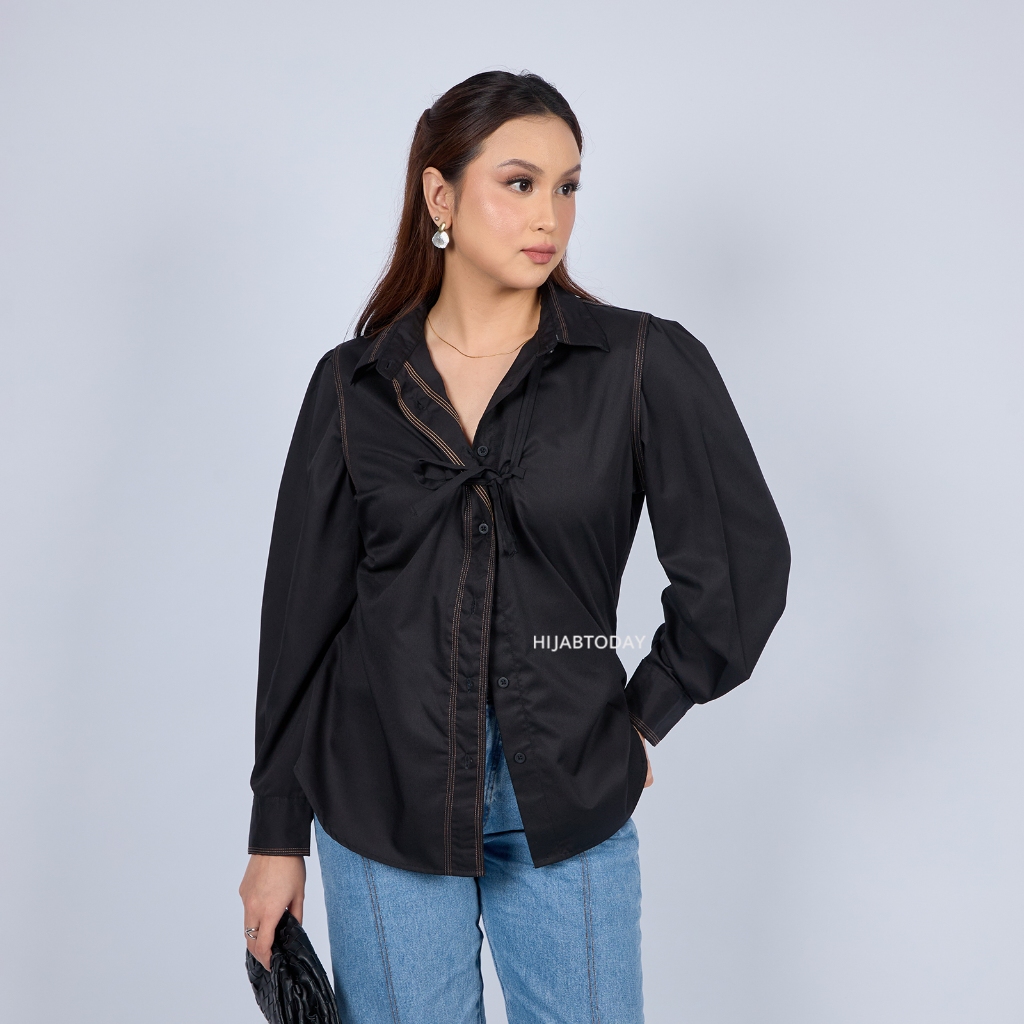 Vivien Shirt - Kemeja Wanita Premium Lengan Panjang Puff Details Contrast Stitching - Bisa Sampai Bi