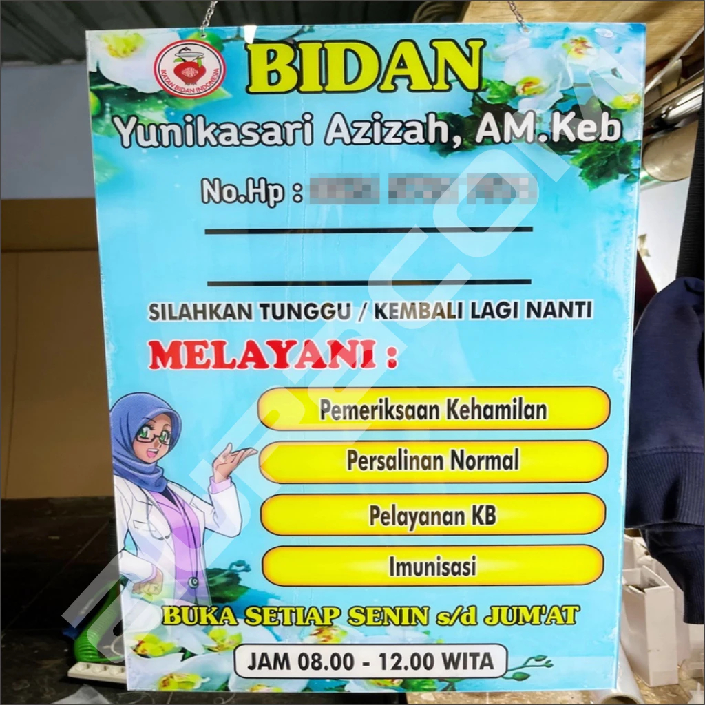Papan Bidan Akrilik, Papan Nama Bidan Akrilik, Custom Papan Akrilik Free Desain