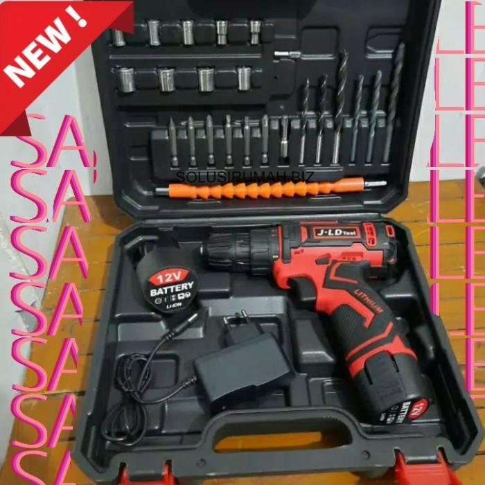 mesin bor merah cordless JLD 12v tanpa kabel koper complete set 12 v
