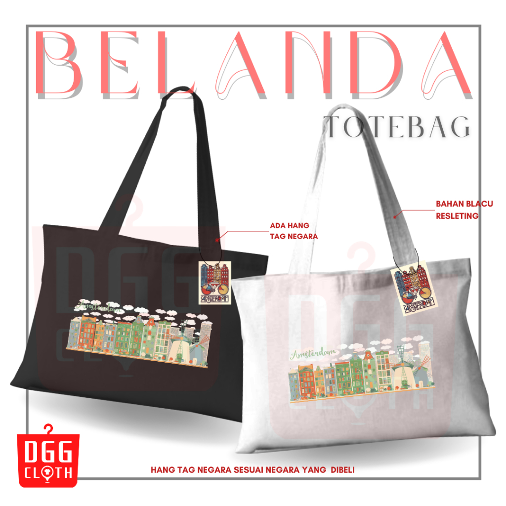 DGGCloth Tote Bag Belanda Amsterdam Totebag Sablon Oleh Oleh Belanda Bahan Blacu Dengan Perekat  6