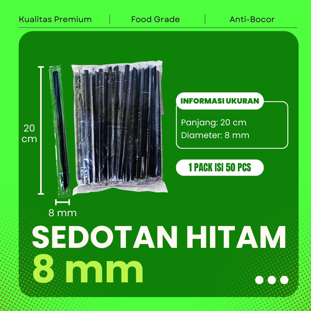 Sedotan Steril Hitam 8 mm panjang 20 cm isi 50 pcs bungkus plastik