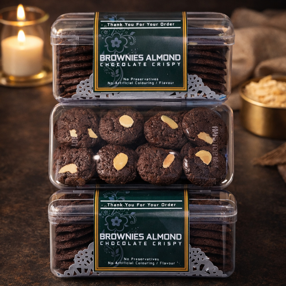 BROWNIES ALMOND Cookies Premium Butter Cokelat Almond Crispy Kue Kering Spesial Lebaran Kemasan Hardtop 350gr dan Jar 750 ml by RaMaChef