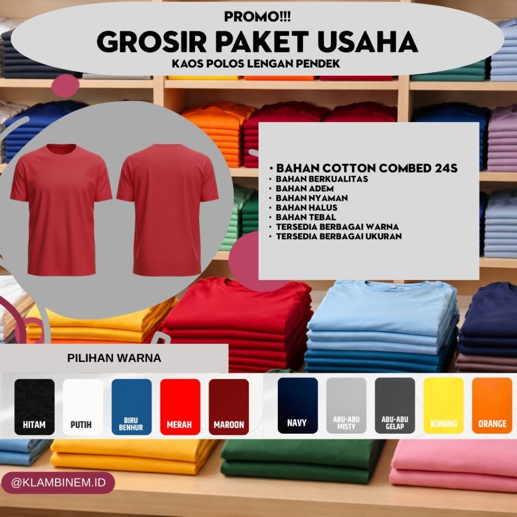 Promo Grosir Paket Usaha Besar Kaos Polos Lengan Pendek Bahan Cotton Combed 24S (Paket isi 40, Paket