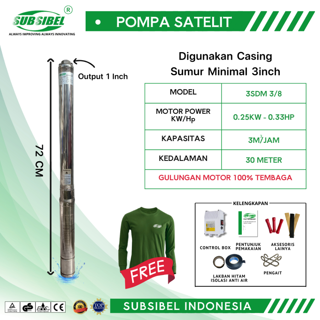 POMPA AIR POMPA SUBMERSIBLE 3SDM 3/8 - 0.33HP - Merek Subsibel