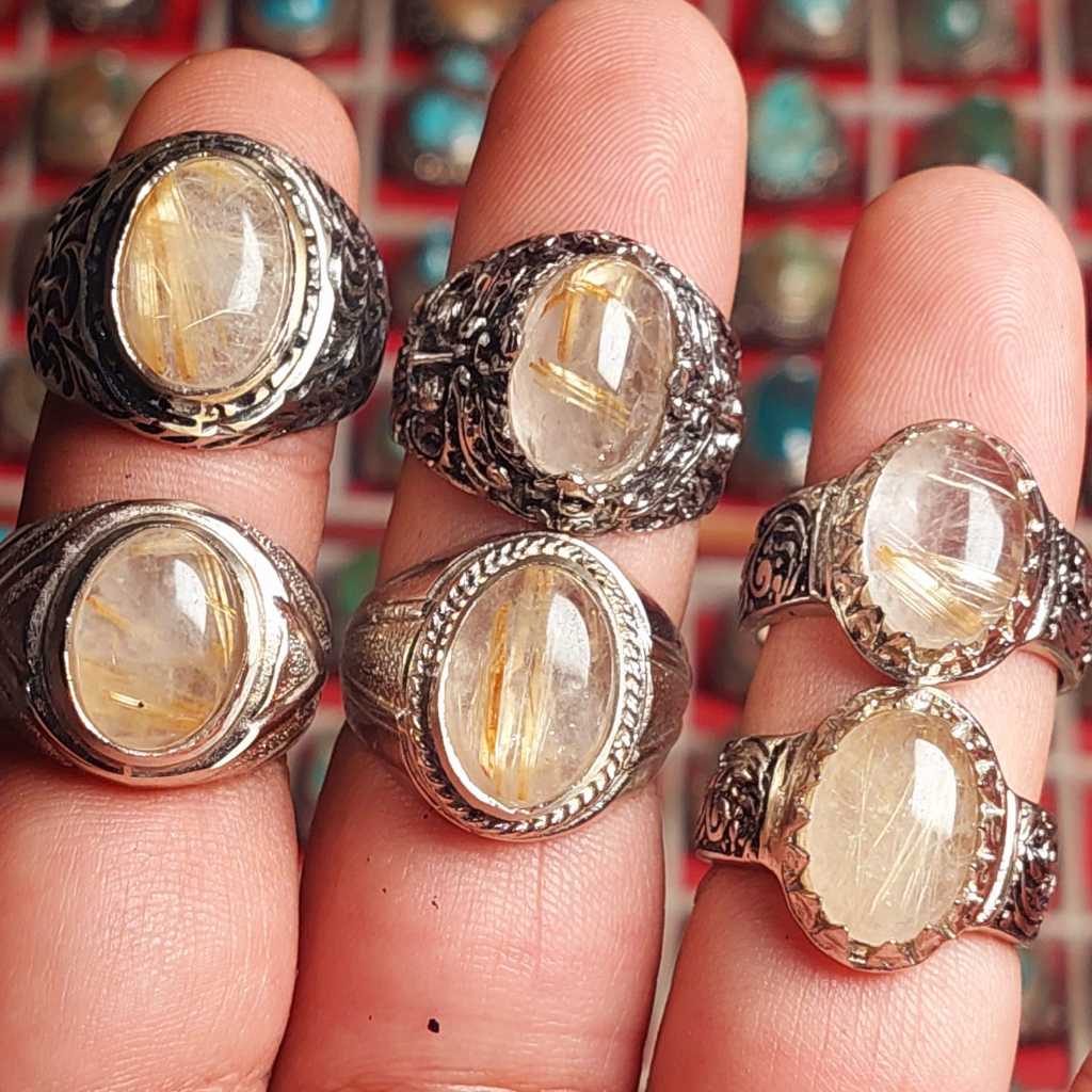 Cincin batu cendana rambut emas 14mm / jarum emas kecubung rambut emas / rutile