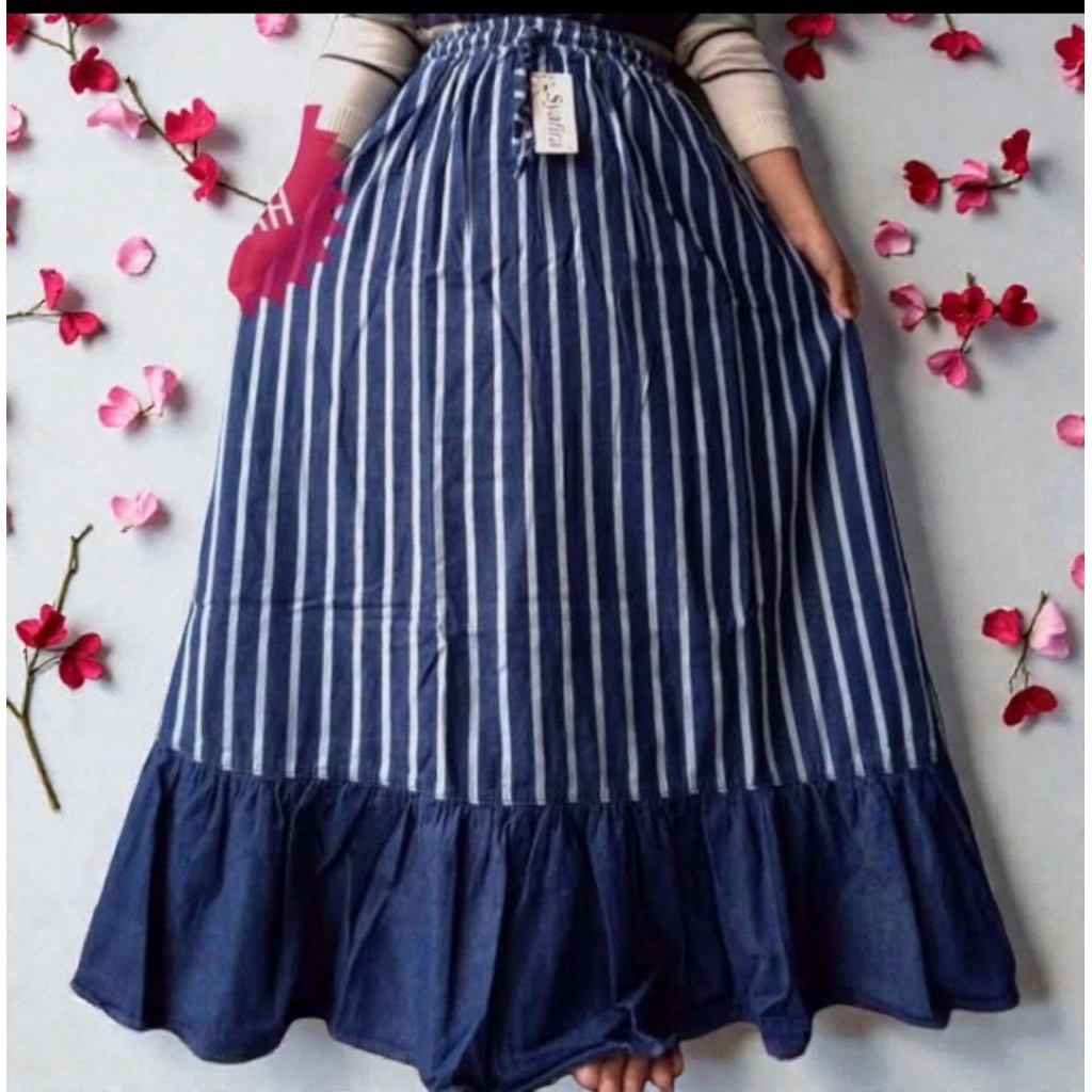 Rok jeans panjang motif garis Kualitas bagus