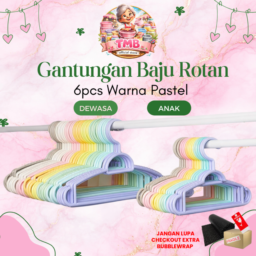 GANTUNGAN BAJU ROTAN DEWASA  & ANAK [6PCS] HANGER BAJU TNK  MOTIF ROTAN Aesthetic