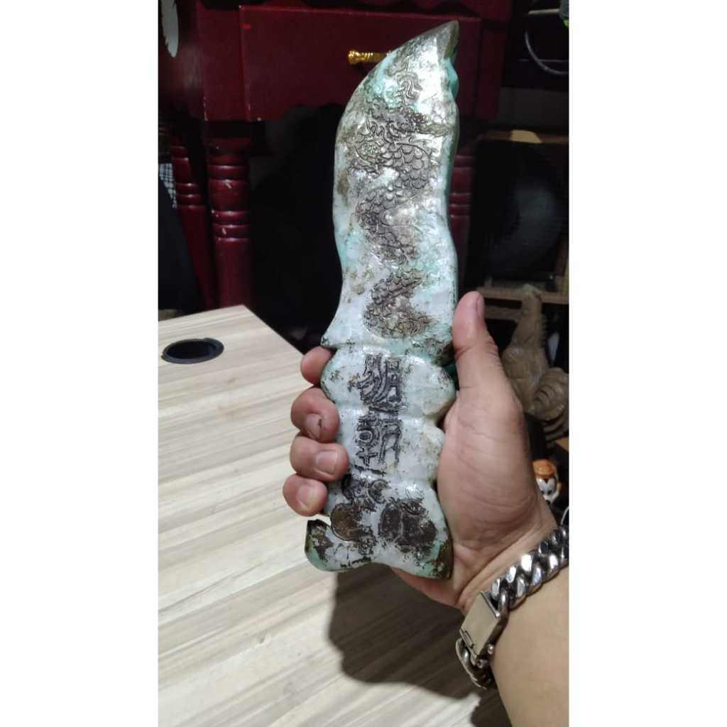 Batu Giok Sabun Ukiran Pedang Motif Naga Aksara Cina Kuno Jadul Antik