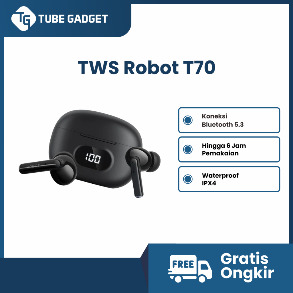 ROBOT Wireless Earphone Airbuds Headset T70 Original TWS Deep Bluetooth Garansi 1 Tahun Earbuds Head