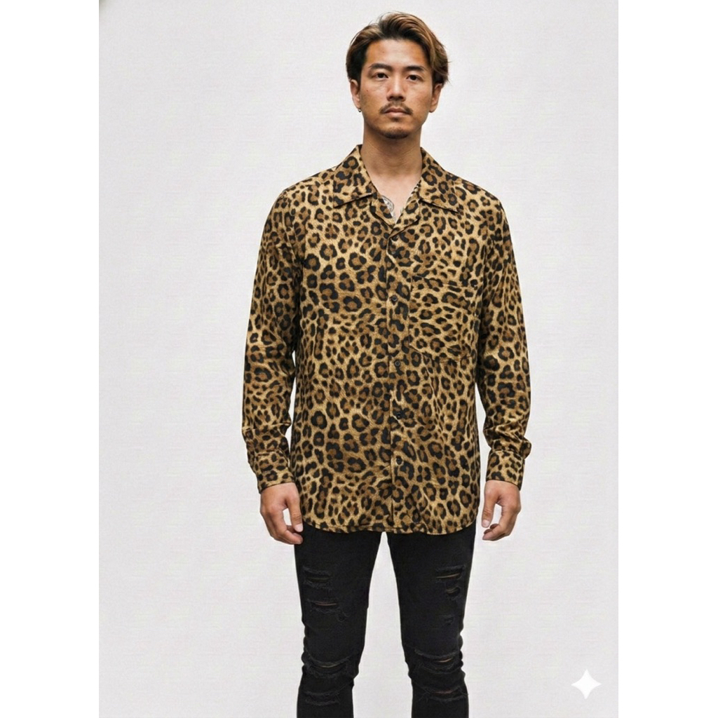 NRKY Kemeja Pria Motif Leopard Bahan Adem Lengan Panjang Gaya Kasual untuk Acara Santai dan Nyaman