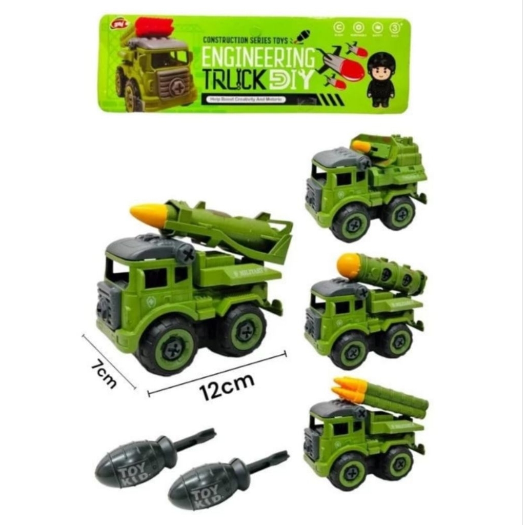 Mainan Edukasi Anak Engineering Truck DIY Army Military Mobil Mobilan Truk Militer Bongkar Pasang Pr