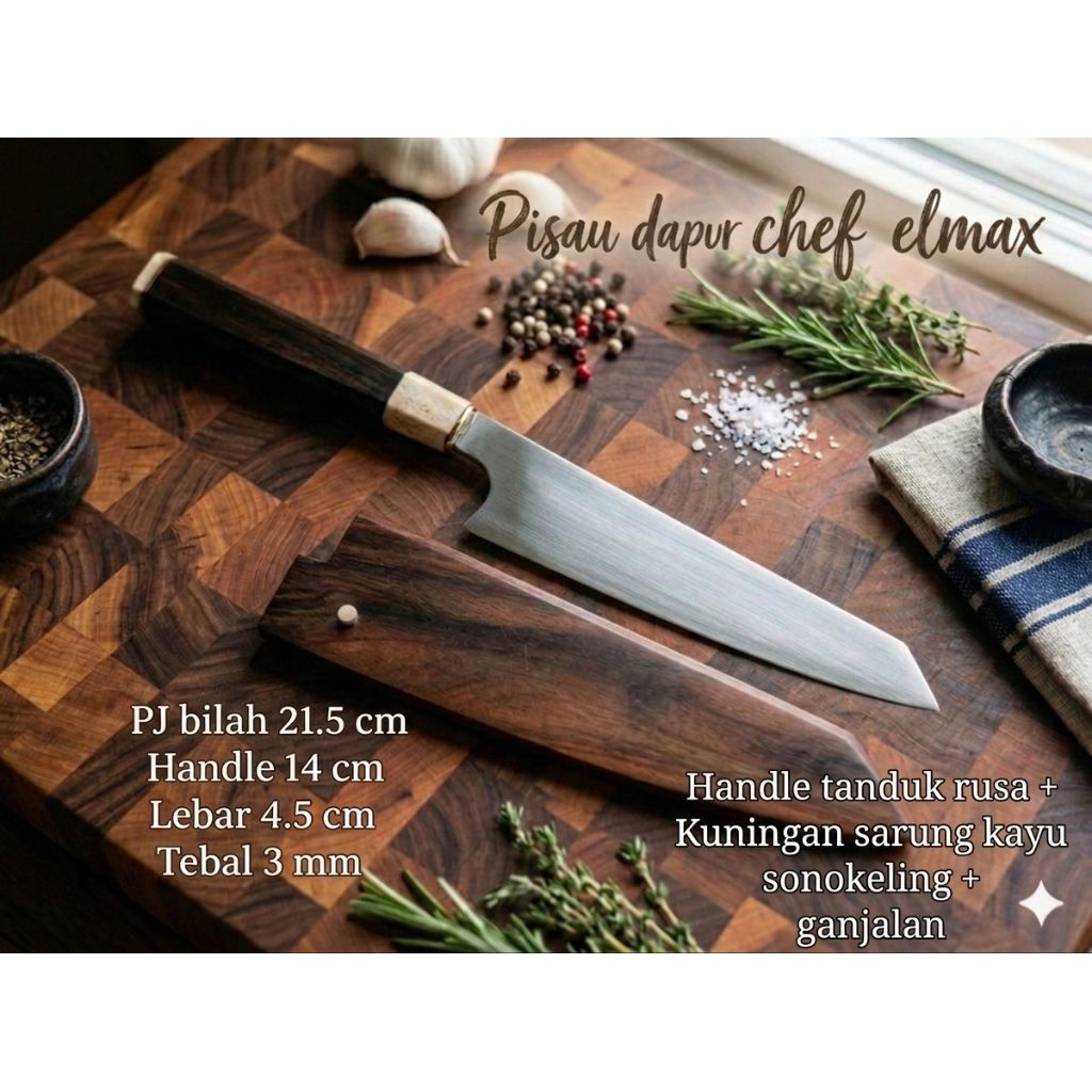 pisau dapur chef knife profesional tipe Elmax tanduk rusa super tajam