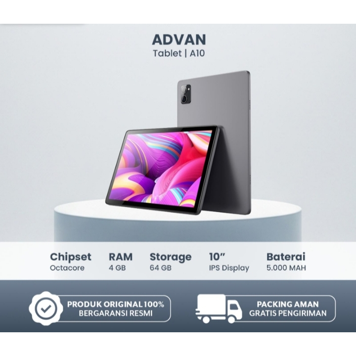 Original Tablet Android Advan A10, Display 10 INCH Ram 4/64GB Garansi Resmi Advan