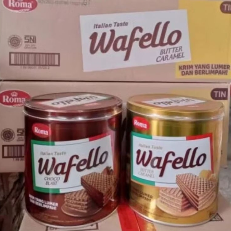 Wafello Roma Wafer Kaleng Coklat dan Caramel Wafelo 234g