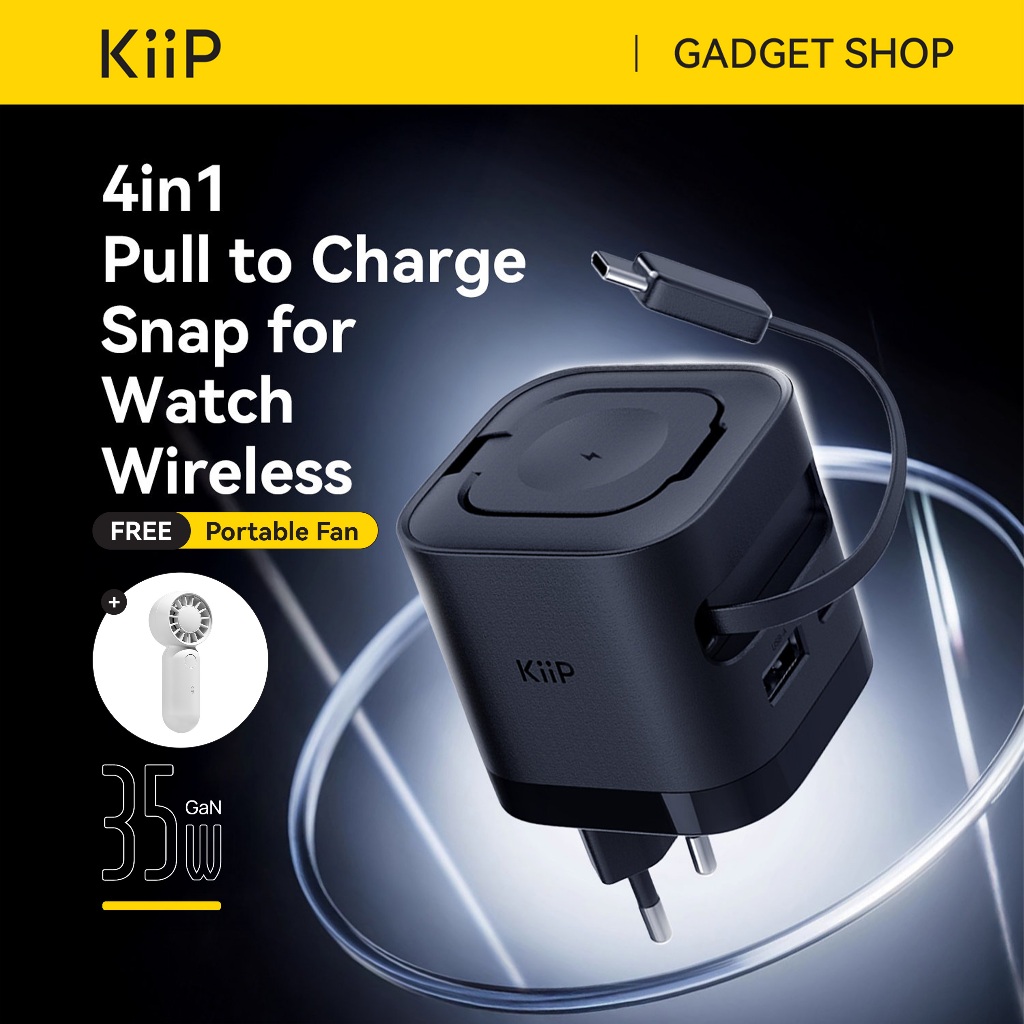 KiiP WH30 3in1 Adapter Fast Charger GaN 35W Retractable Cable Built in Magnetic Wireless Apple Watch