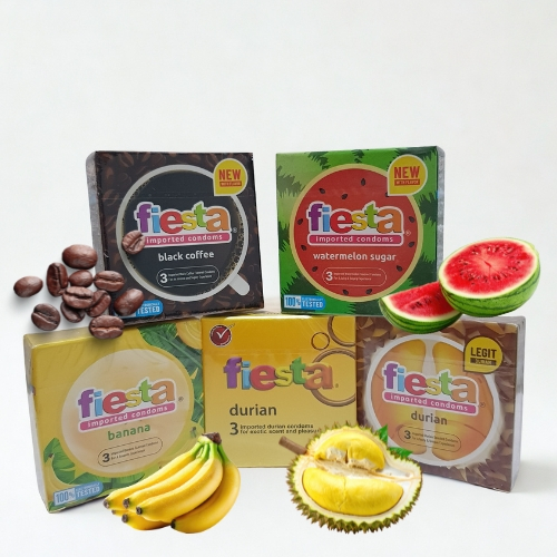DISK 40% PRIVASI AMAN! KONDOM FIESTA ISI 3 PCS VARIAN RASA BANANA, DURIAN, WATERMELON DAN BLACK COFF