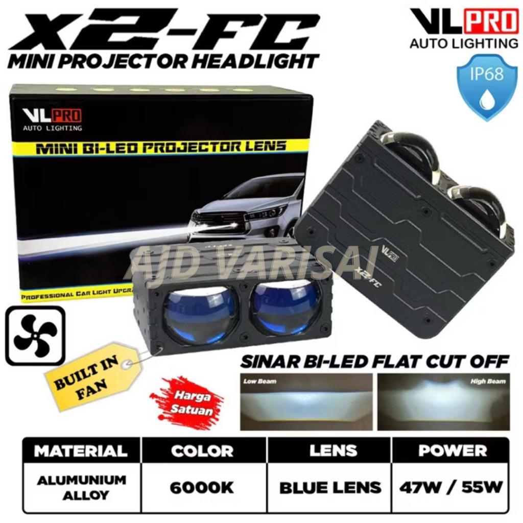 Mini projie Sinar Biled VLPRO X2-FC Flat Cut off Blue Lens Lampu tembak Headlight Hi Low 12V Putih