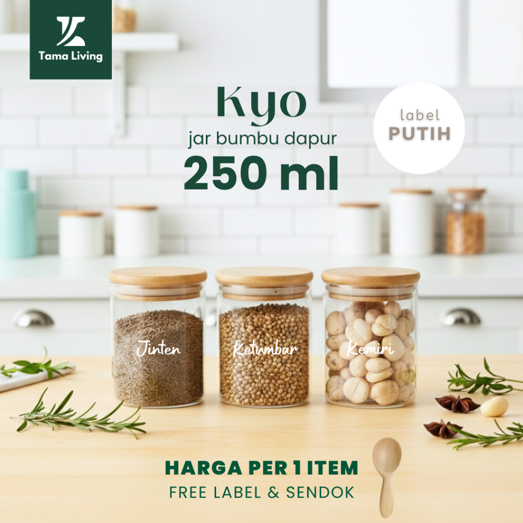 TAMA LIVING Kyo Jar Bumbu Dapur Gula Kopi Teh 250 ml Label Putih Tempat Bumbu Toples Bumbu Dapur