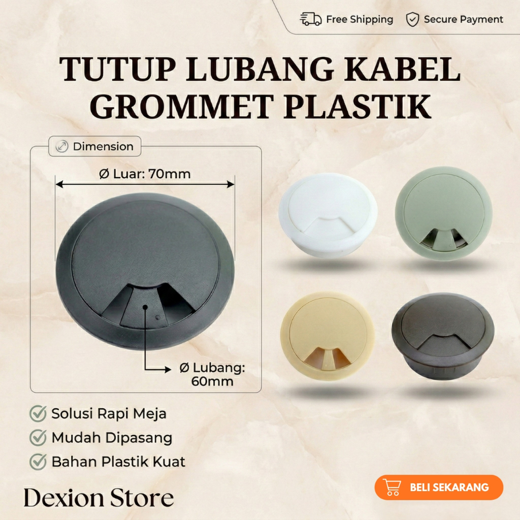 Tutup Lubang Kabel Meja 60mm – Grommet Plastik 70mm Penutup Kabel Meja Kantor / Meja Komputer