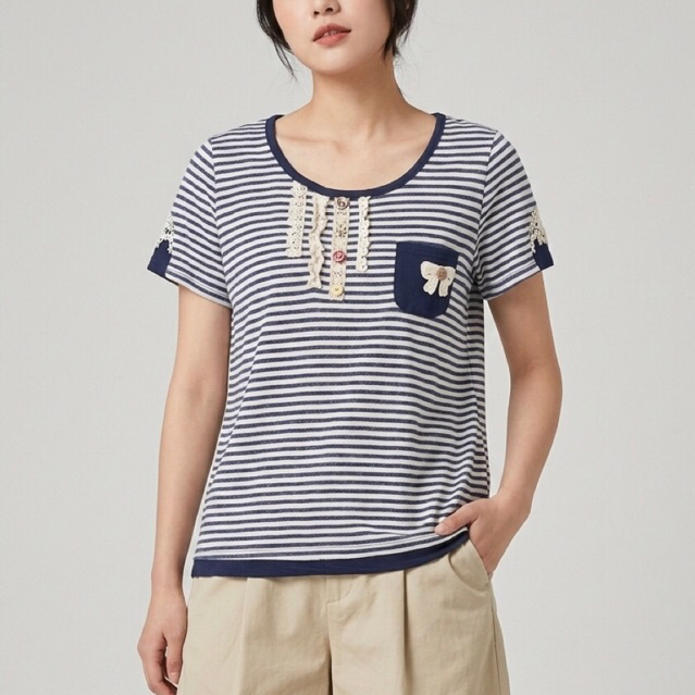 BLUS KAOS KNIT GARIS BIRU NAVY PUTIH KOMBI POLOS & RENDA IMPORT