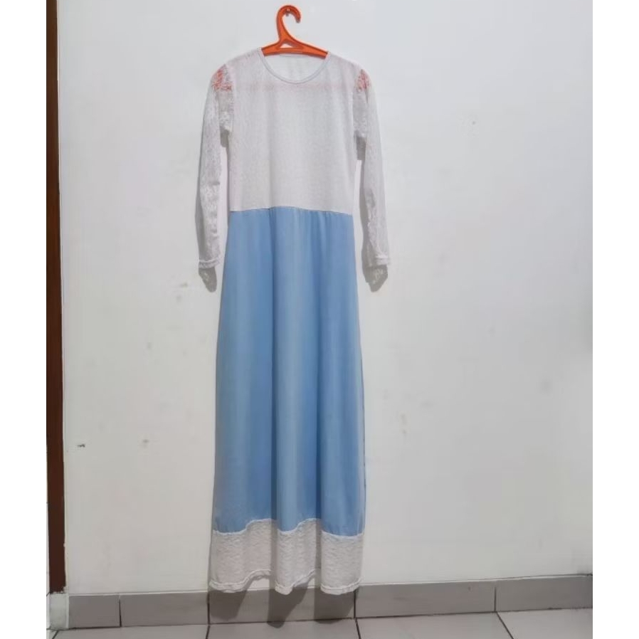 Dress muslim gamis wanita/ remaja biru muda renda putih LD 90 cm