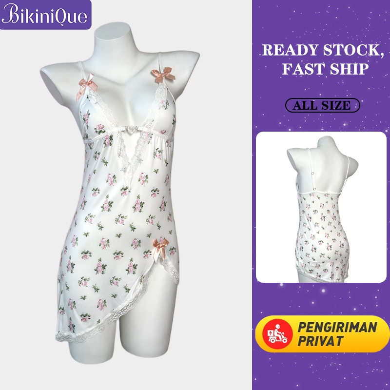 BikiniQue Gaun Tidur Wanita Motif Bunga Kecil Tali Spaghetti Renda Tipis V-Neck Nyaman untuk Santai 