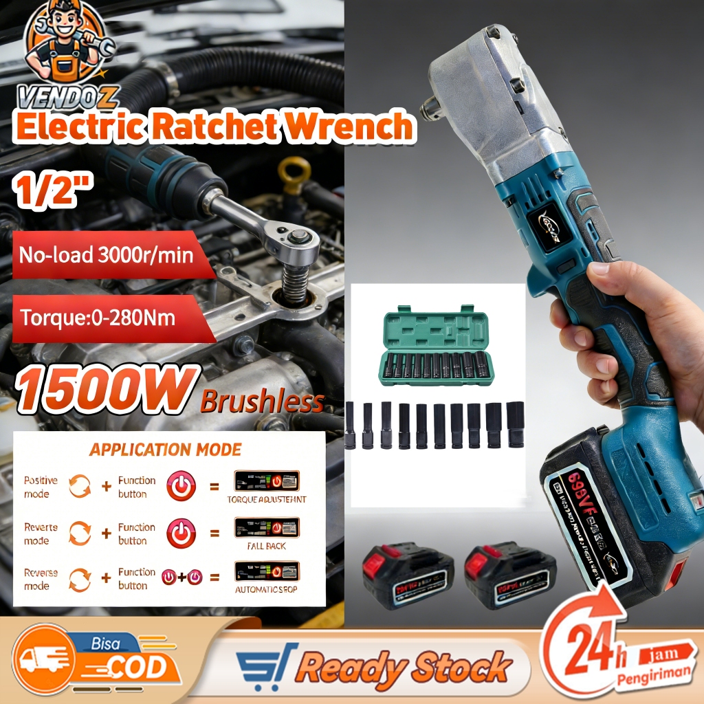 Vendoz Brushless 1/2'' Electric Ratchet Wrench Kunci Ratchet Elektrik Brushless 1/2'' Kunci Torsiden
