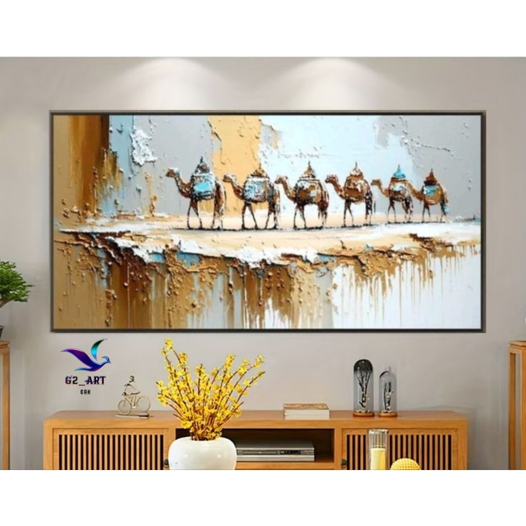 Lukisan Unta 6 Ekor Bertekstur Tebal-Hiasan dinding Dekorasi Rumah