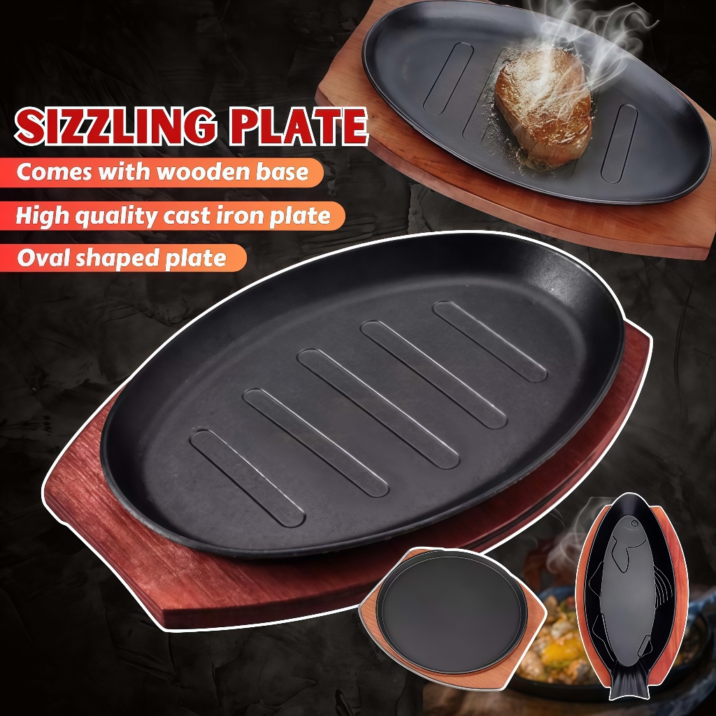 Sizzling Plate with Wood Base 10inch Kitchen Dining Cookware Griddle Grills Cast Iron High Quality