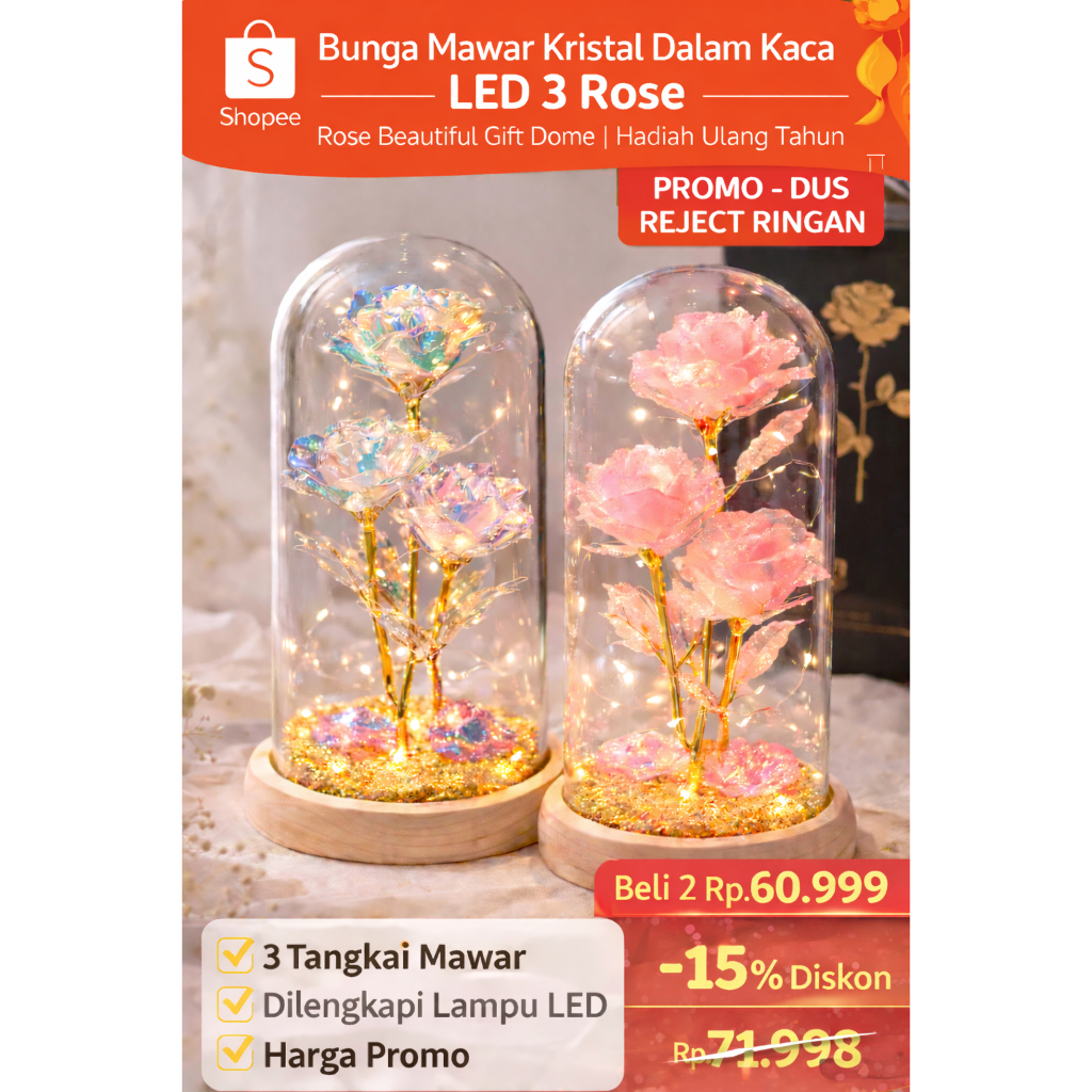 Bunga Mawar Kristal LED Dalam Kaca 3 Rose | Rose Beautiful Gift | Dekorasi Kamar & Hadiah