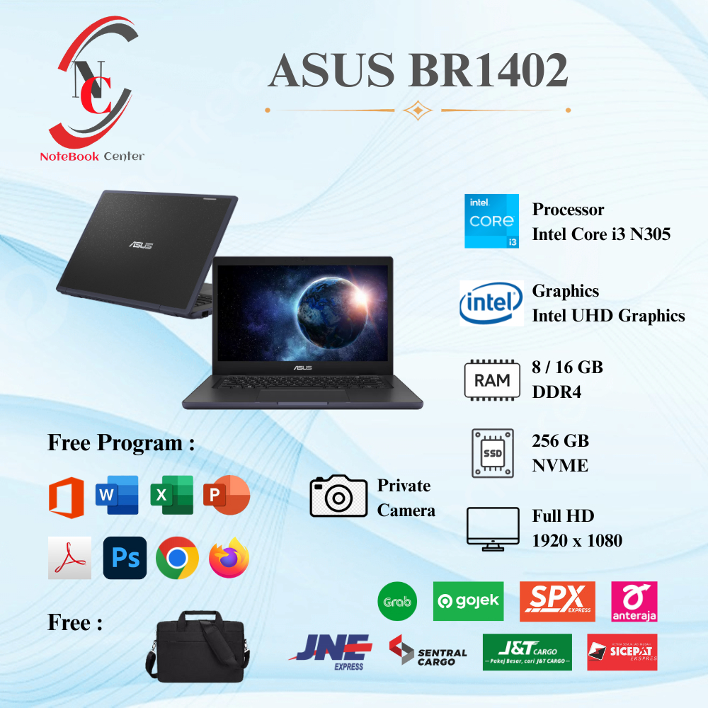 Laptop Baru Asus Intel Core i3 N305 8cpus up to 3,8Ghz RAM 16GB SSD 256GB
