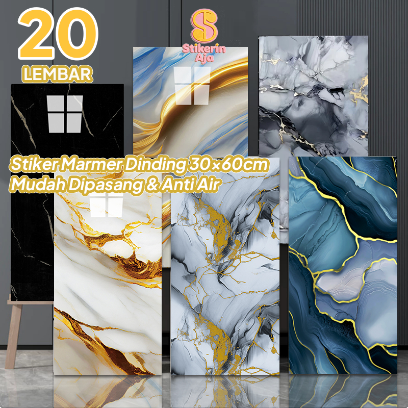 20 Lembar Stiker Vinyl Anti Air 30x60cm Motif Marmer Granit Keramik Stiker Lantai Dinding Cocok Kama