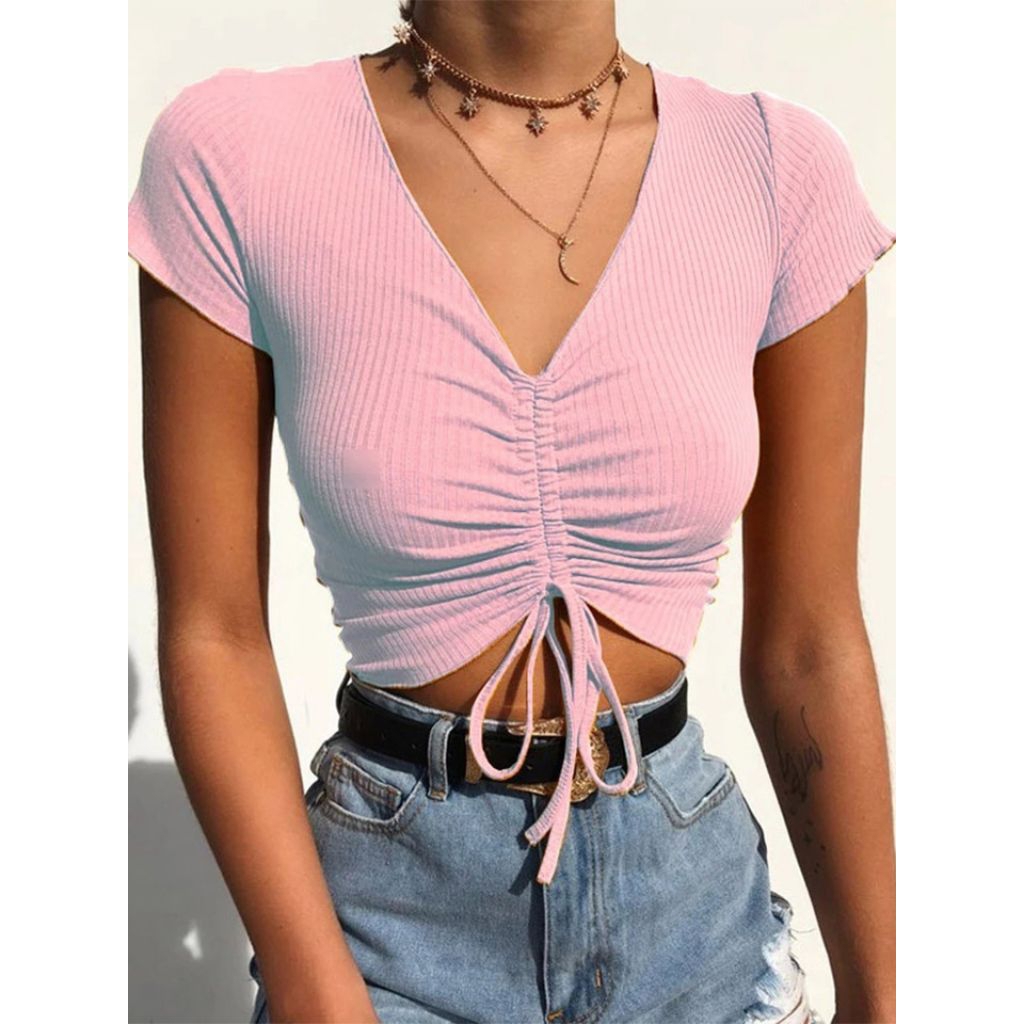 BAJU ATASAN CROP TOP SERUT TENGAH/BAJU WANITA V-NECK SERUT TENGAH MODEL CROP TOP BAHAN SPANDEK