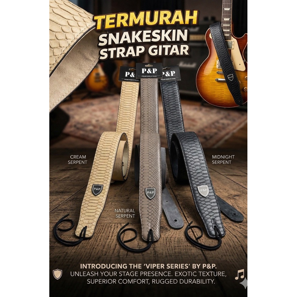 Strap Gitar Kulit Premium Motif Ular Gratis Pick Gitar