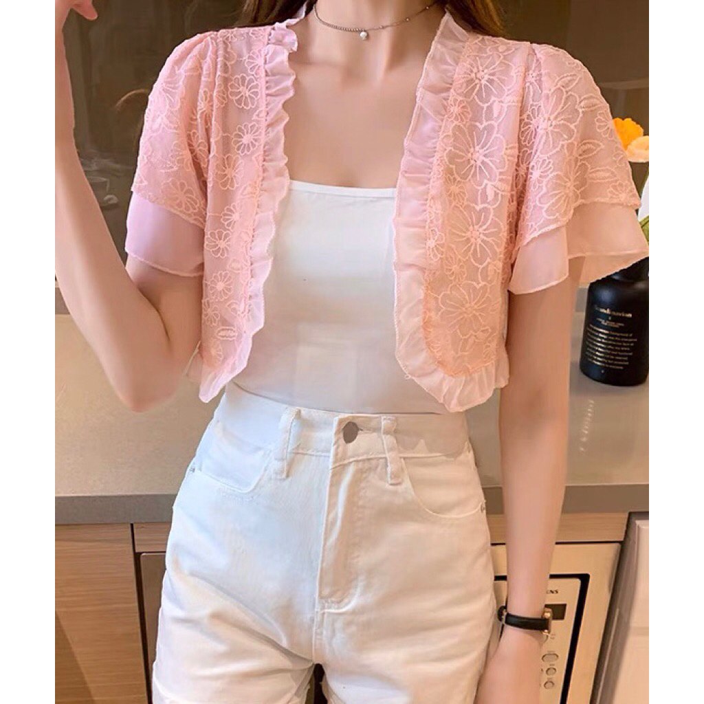 Outer Atasan luaran semi brukat lace bunga berlengan ruffle