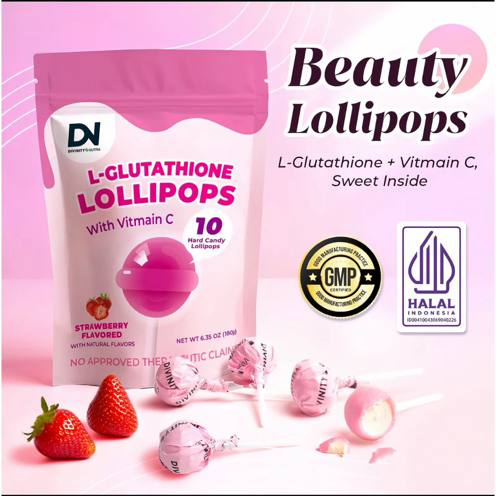 C+Collagen L-Glutathione Permen  Lolipop with Vitamin C - 10 Batang, Rasa Stroberi, Hydrolyzed Colla