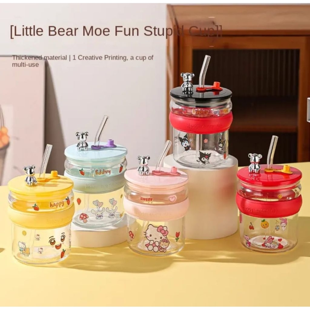 GELAS MINUM KACA DENGAN SEDOTAN FRRE STIKER LUCU