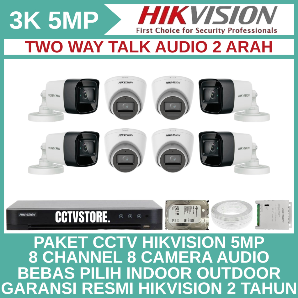 Paket cctv hikvision 5mp 8 channel 8 camera 3k audio series two way talk 2 arah turbo hd kamera cctv