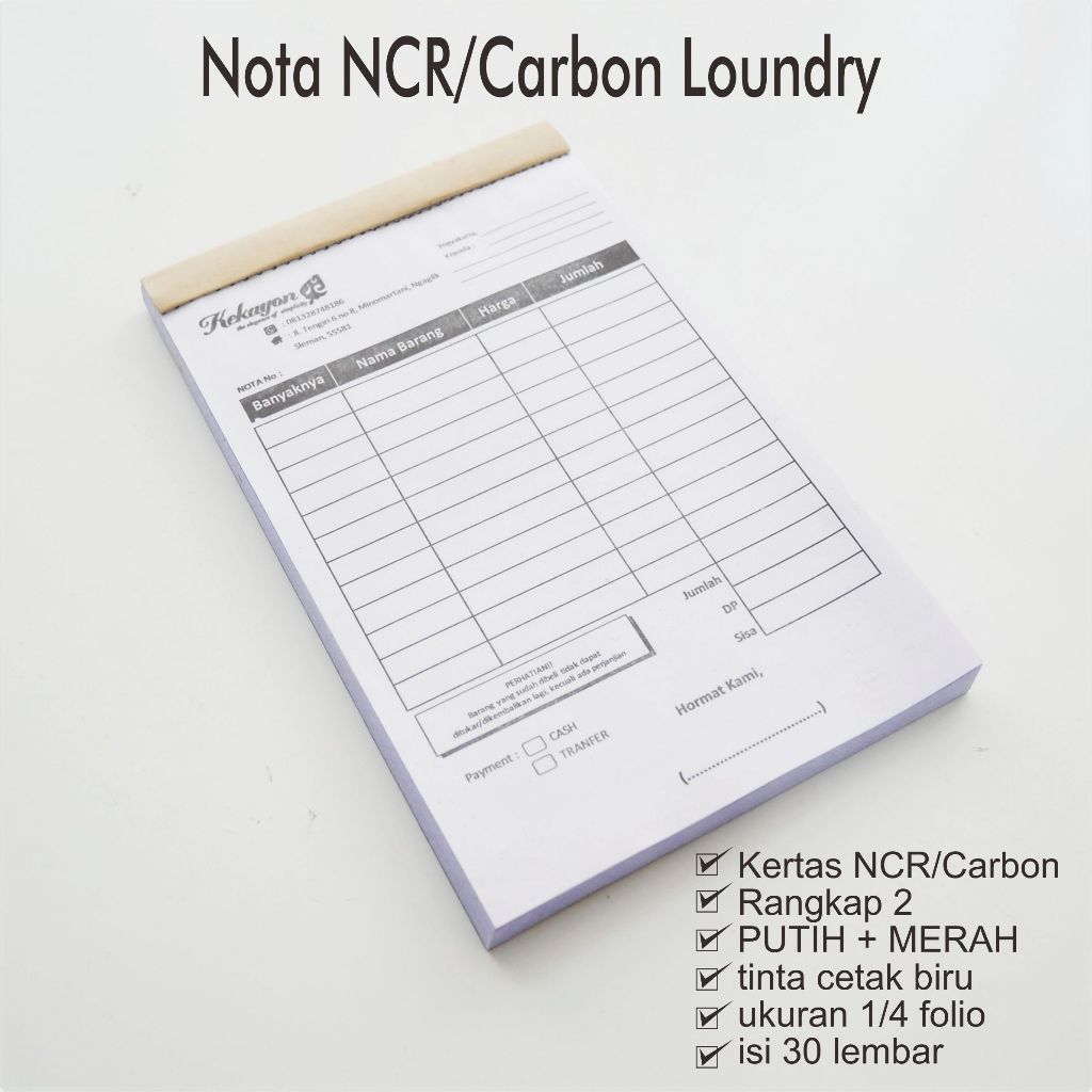 Buku Nota Laundry / Nota NCR 2 Ply 1/4 Folio / putih merah