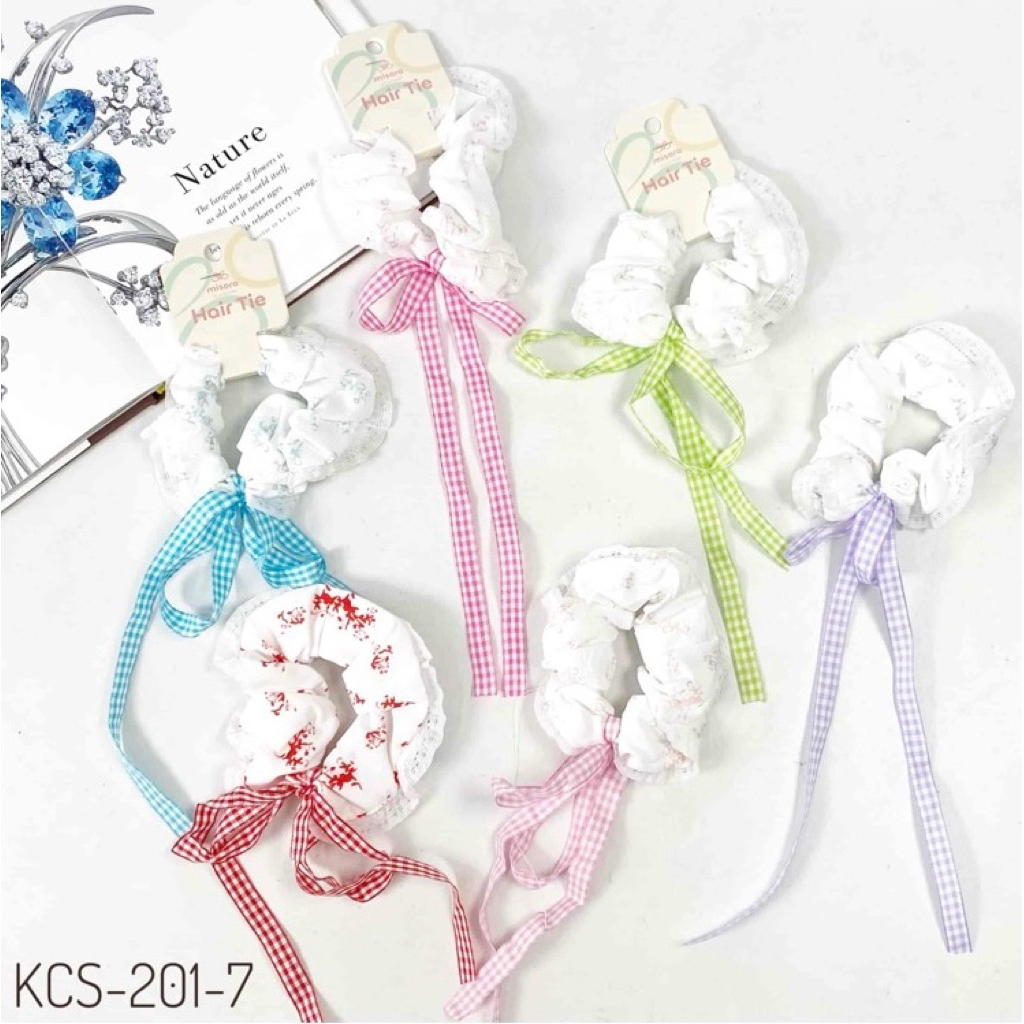Scrunchie Pita Panjang Motif Kotak & Floral – Ikat Rambut Korea Lucu