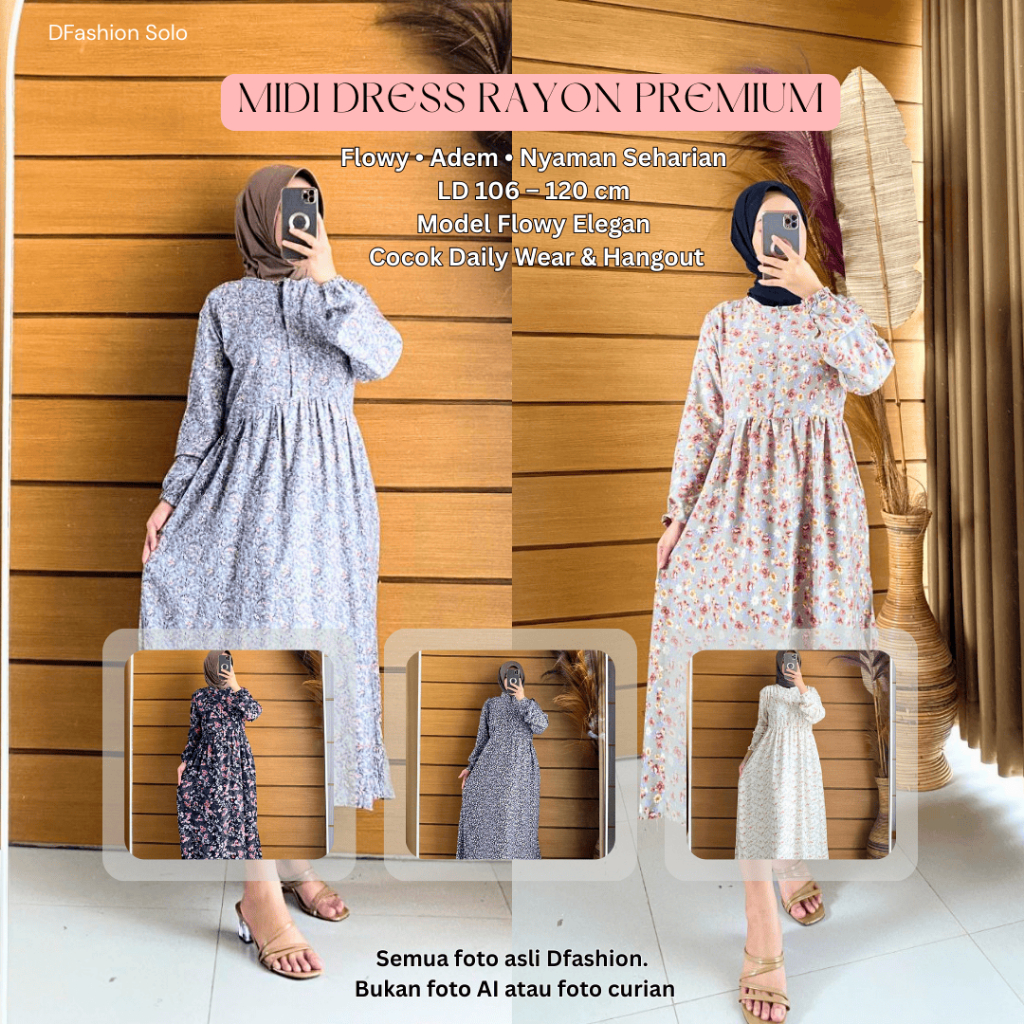 Midi Dress Rayon Viscose Motif Bunga Dress Mini Rayon Bunga Gamis Midi Nyaman Dipakai Midi Motif Bun