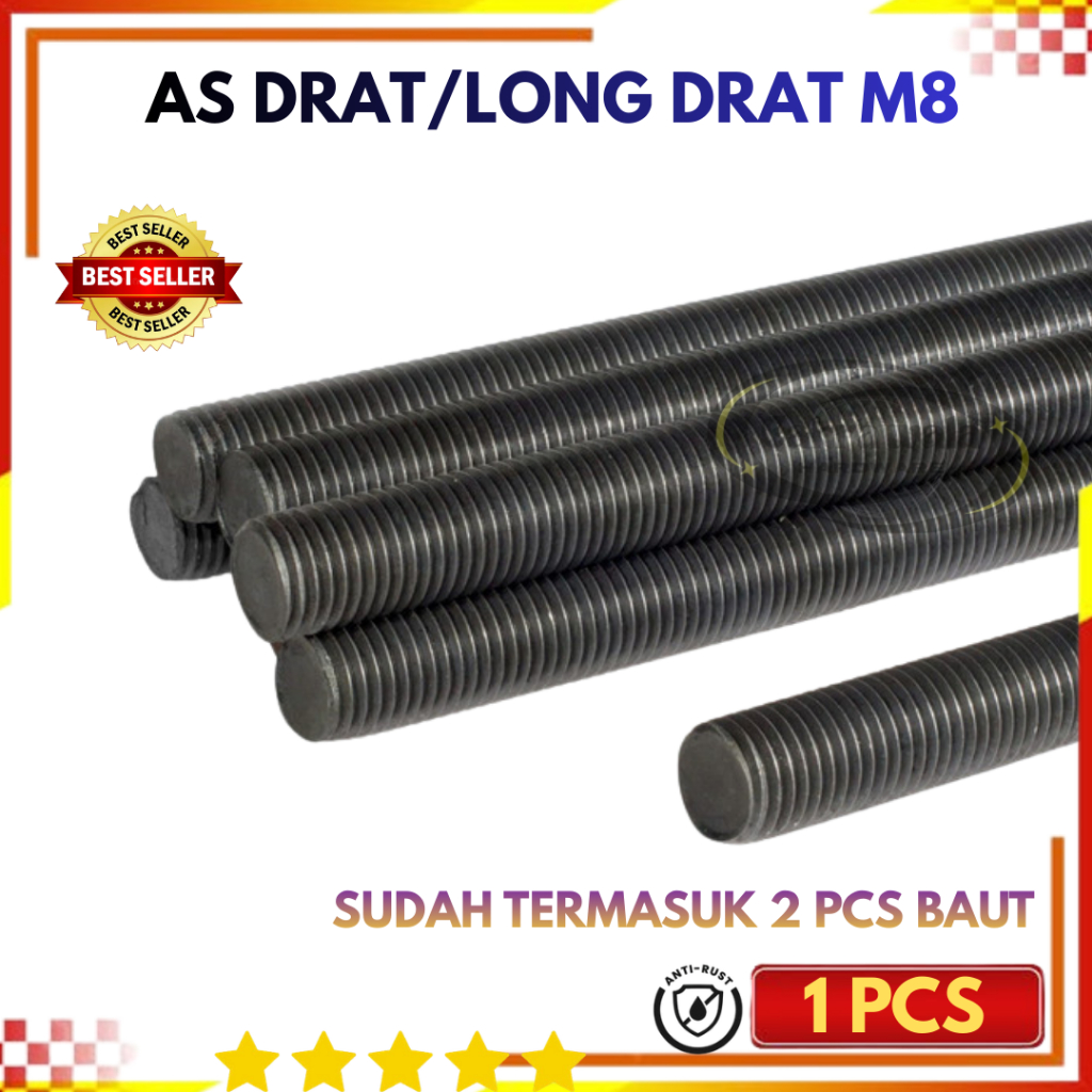 As Drat Besi 1 Meter M8, Longdrat/Terot + Baut 8mm