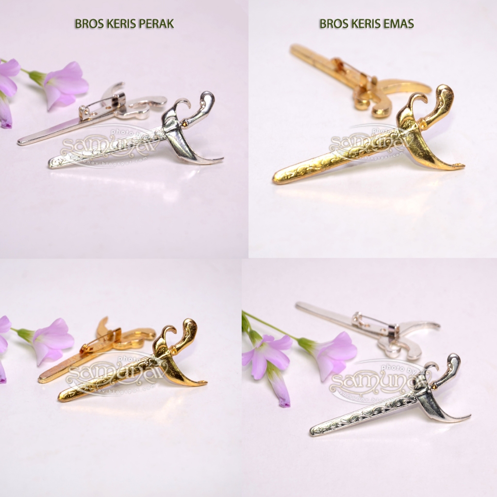 Bros / Pin Bentuk Keris unik bahan Kuningan tebal sepuh emas dan perak