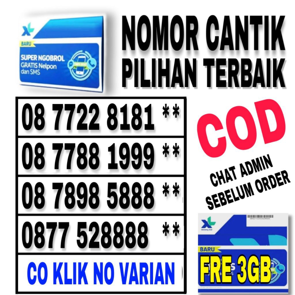 Nomor Cantik XL axiata 4g 5g Bonus isi kuota 3GB berlaku nasional kartu isi ulang prabayar