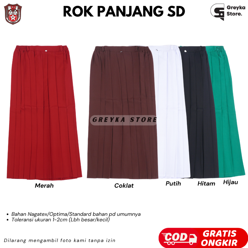 Seragam Sekolah SD Rok Panjang Full Rempel Plisket Lipit Bahan Katun Anak Perempuan Merah Coklat Pra
