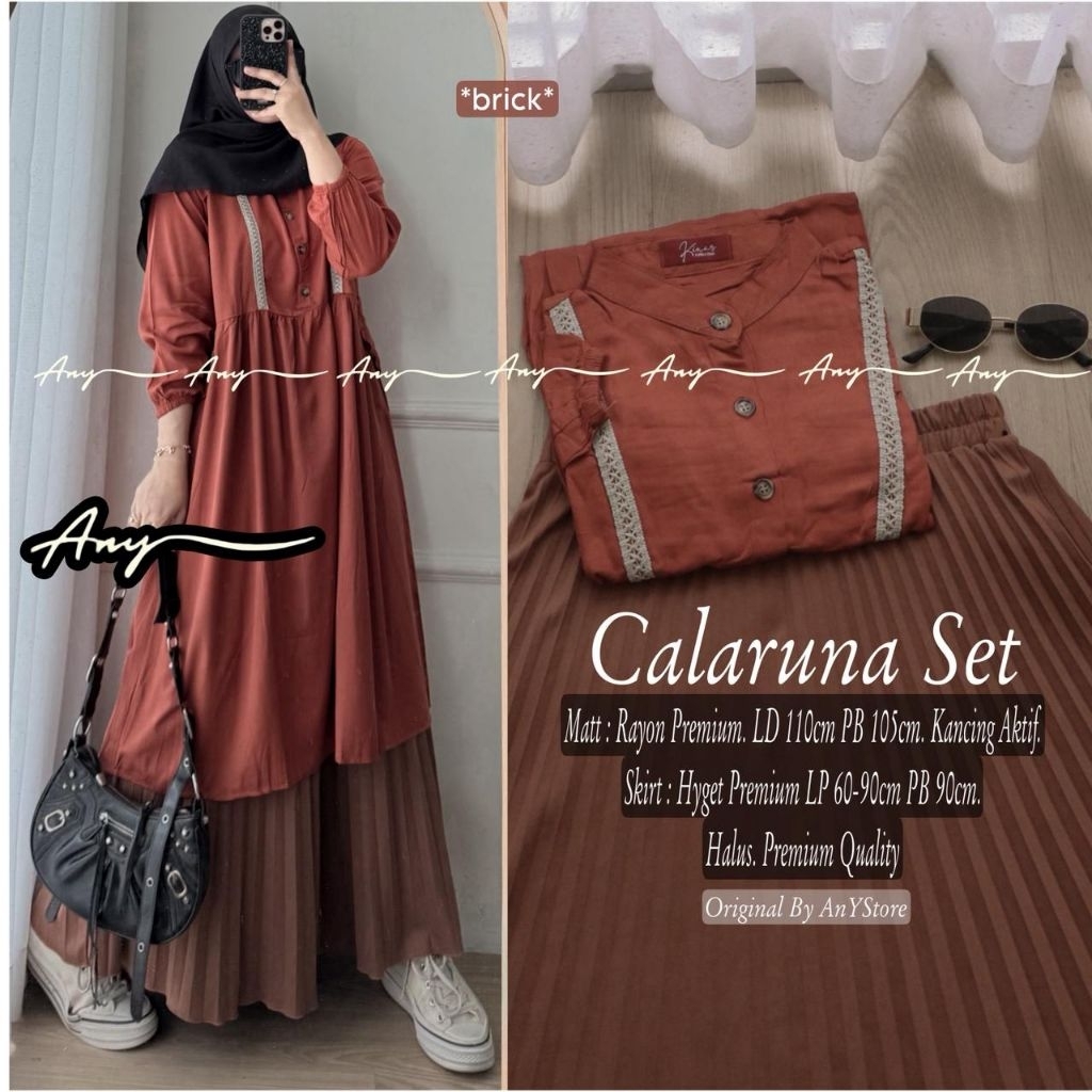calaruna, serina set (atasan&rok) Setelan wanita by AnY- tunik katun rok plisket.Nagita set by kayla