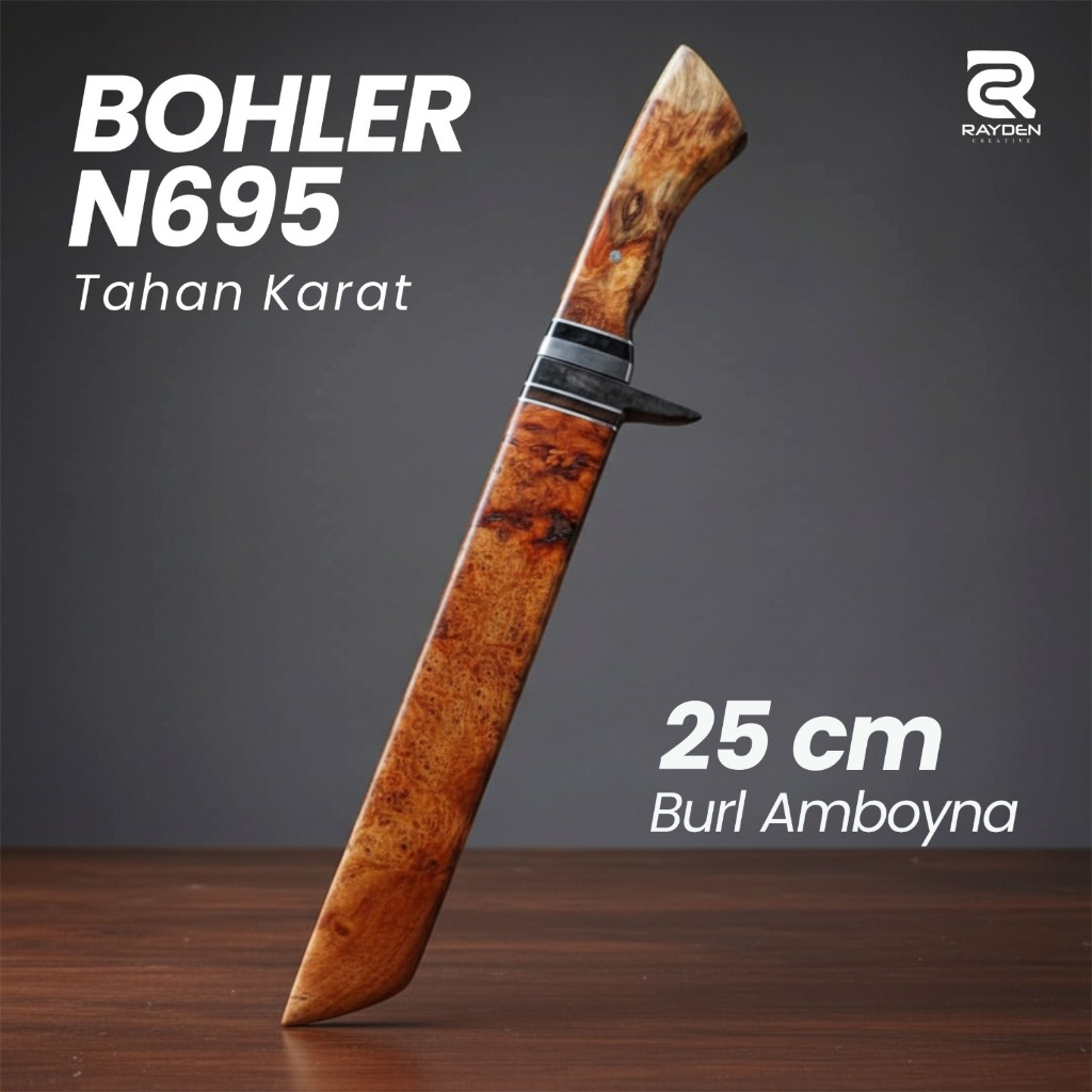 Pisau Sembelih Bohler N695 Stainless Tahan Karat – Handle Burl Amboyna + Tanduk Duralium | Handmade 