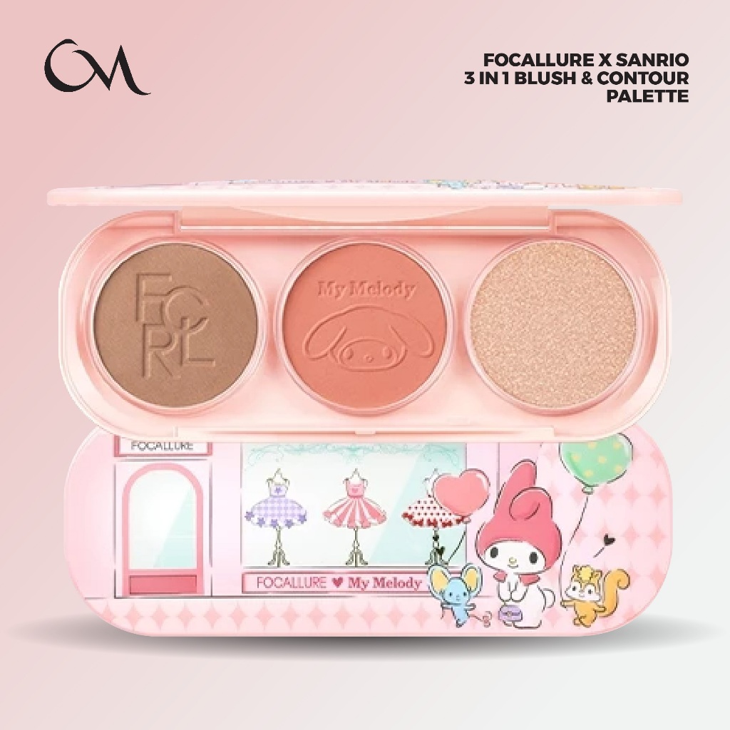 Focallure X Sanrio 3IN1 Blush & Contour Palette Blush On Highlighter Praktis 1 Palette Multifungsi